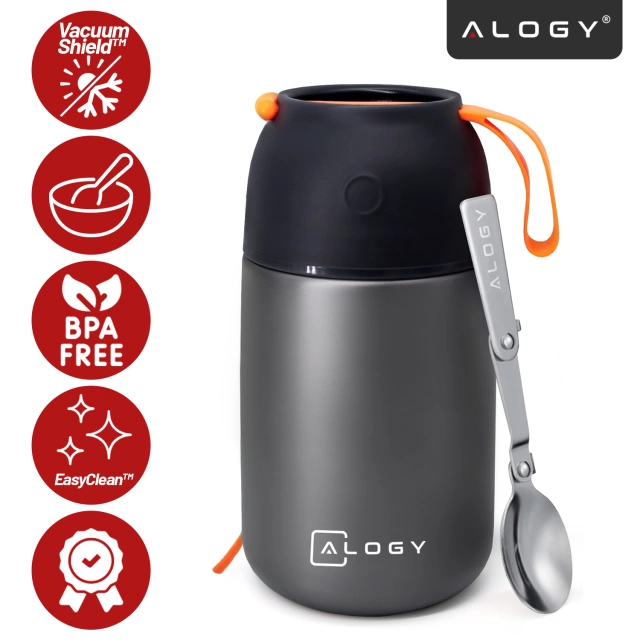 Alogy Termos obiadowy na jedzenie zupe dla dzieci 700ml ze stali nierdzewnej + składana łyżeczka termiczny szary