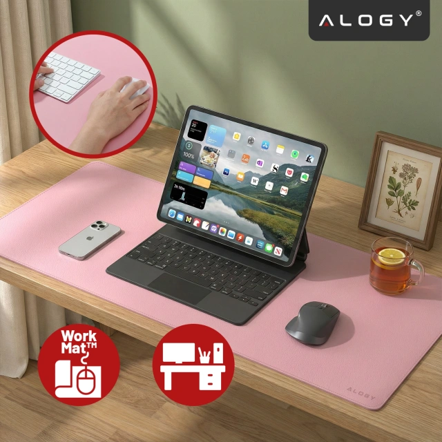 Podkładka na biurko 80×40 cm – antypoślizgowa mata ochronna z eleganckiej ekoskóry PU, pod mysz i klawiaturę, stylowa i trwała – Alogy WorkMat™ Różowa