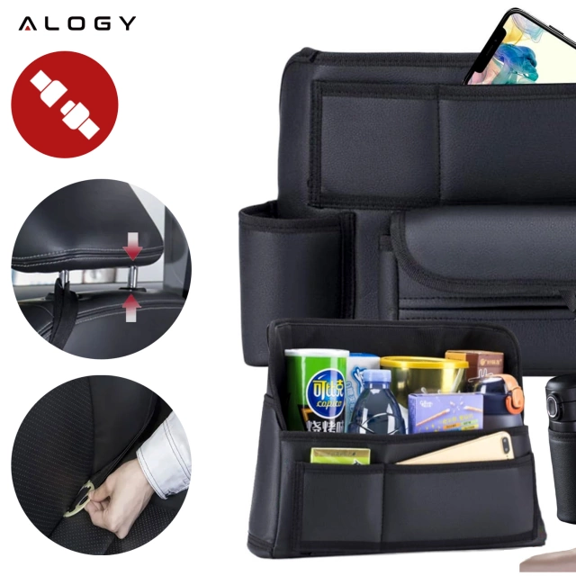 Alogy Organizer samochodowy Car Leather uchwyt do auta pomiędzy siedzenia na napoje chusteczki Czarny