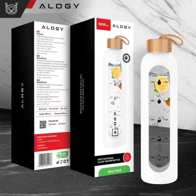 Alogy Motivational Glass Water Bottle Butelka szklana duża bidon na wodę napoje Miarka motywacyjna 1l 1000ml Biała