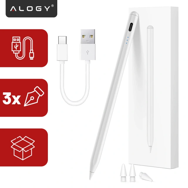 Rysik do Apple iPad Alogy Pencil z funkcją Palm Rejection Pressure Sensing Tilt Magnetyczny USB-C + 3 zapasowe końcówki Biały
