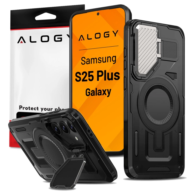 Etui do Samsung Galaxy S25 Plus Case do MagSafe Wzmocniona Pancerna ochrona obiektywów z funkcją podstawki obudowa ochronna na telefon Alogy HeavyDuty Mag™️Czarne