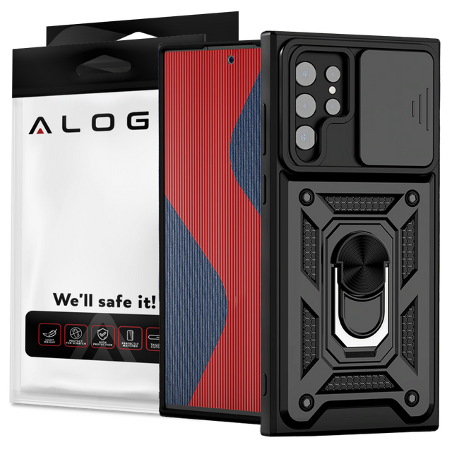Alogy Etui na telefon obudowa z osłoną aparatu Camshield Stand Ring do Samsung Galaxy S22 Ultra Czarne