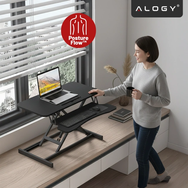 Biurko podstawka do pracy stojącej na biurko z podnoszeniem pneumatycznym 60×80 cm – regulacja wysokości 11–51 cm, dwupoziomowe, składane, idealne do Home Office – Alogy LiftDesk™ Czarne