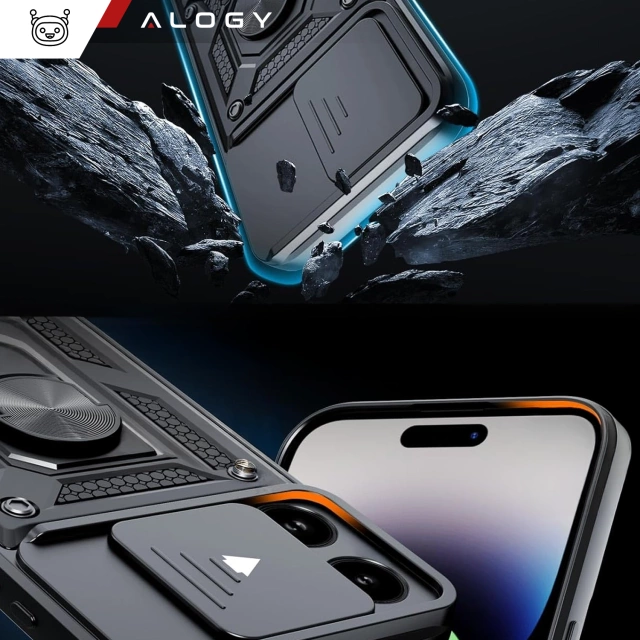 Etui do Apple iPhone 16 pancerne Slide Case Ring obudowa ochrona aparatu Camshield Alogy czarne + Szkło