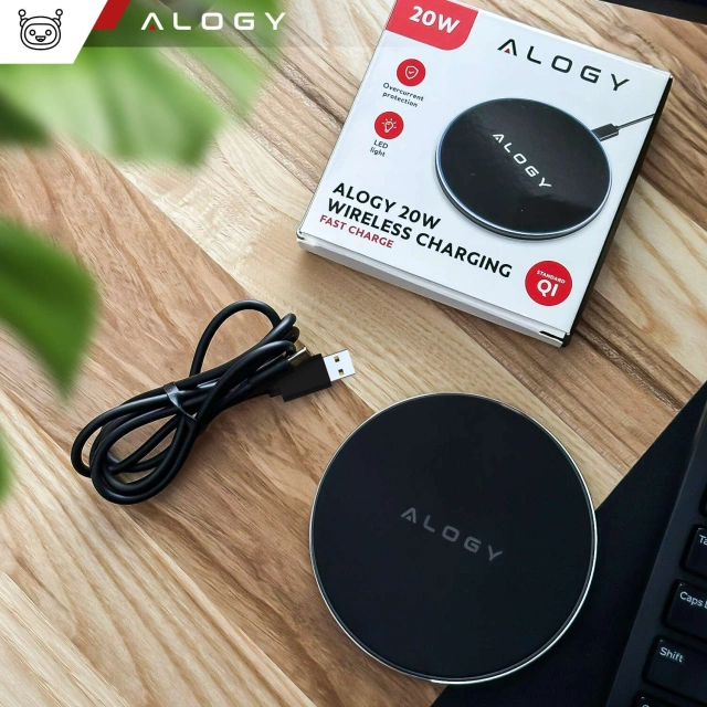 Alogy Ładowarka indukcyjna QI bezprzewodowa 20W szybka LED okrągła  + kabel USB-CCzarna