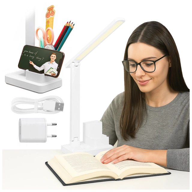 Lampka biurkowa nocna LED – akumulator 2400 mAh, organizer na długopisy i telefon, regulowane światło, idealna na biurko i do nauki – Alogy Light&Organize™ Biała