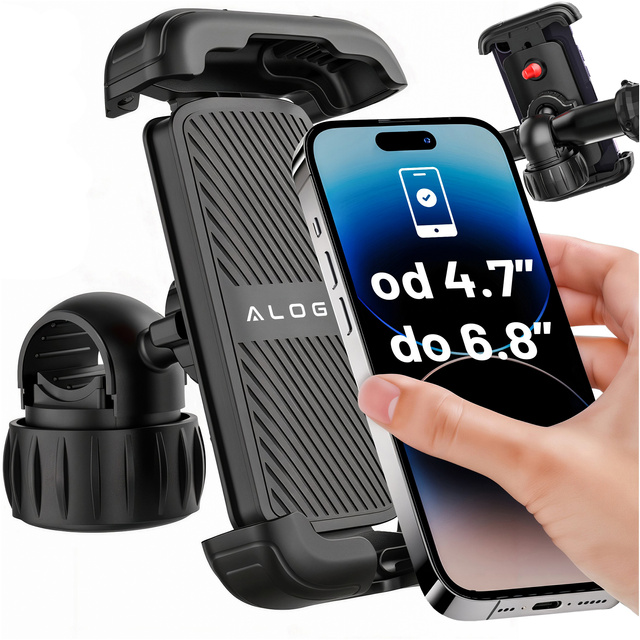 Uchwyt rowerowy do telefonu 4.7–6.8" – regulowany, obrót 360°, stabilne mocowanie na kierownicę roweru i motocykla – Alogy Sport Pro-Fit™ Czarny