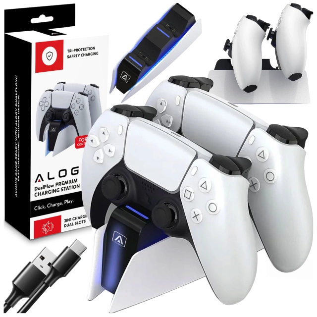 Alogy Podwójna stacja dokująca ładująca do kontrolera Pada do PlayStation 5 PS5 do 2 Padów Biała