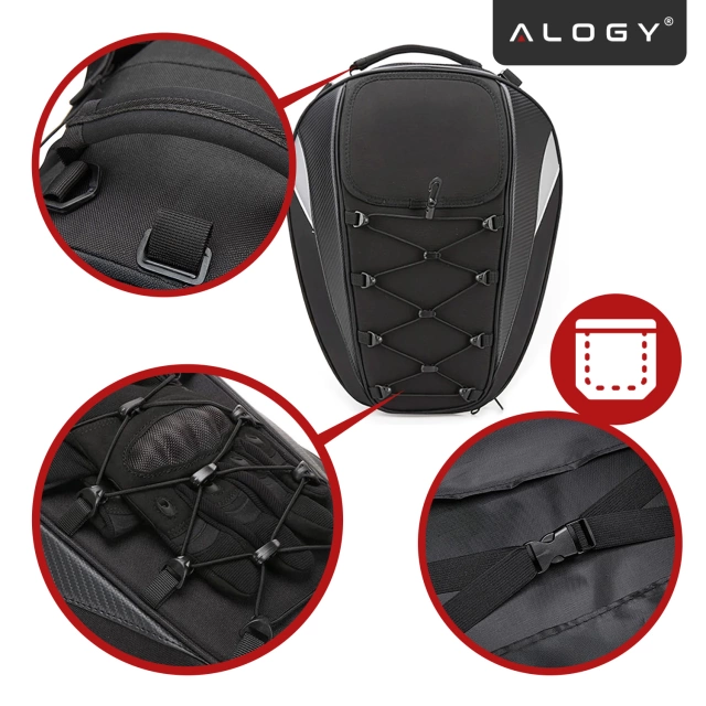 Plecak torba motocyklowa wodoodporna 40L – 5w1 – kufer, podsiodłowa, bagażnikowa, na kask, z pokrowcem, Nylon, torba miejska na motocykl – Alogy RoadMaster™  Czarna