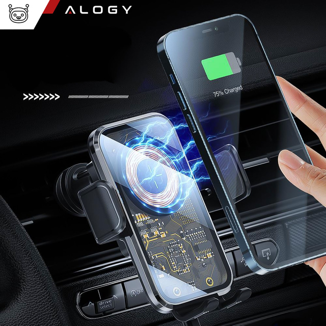 Alogy Uchwyt samochodowy z ładowarka indukcyjna Qi 15W na kratkę samochodu auta kratki do telefonu Alogy Czarny