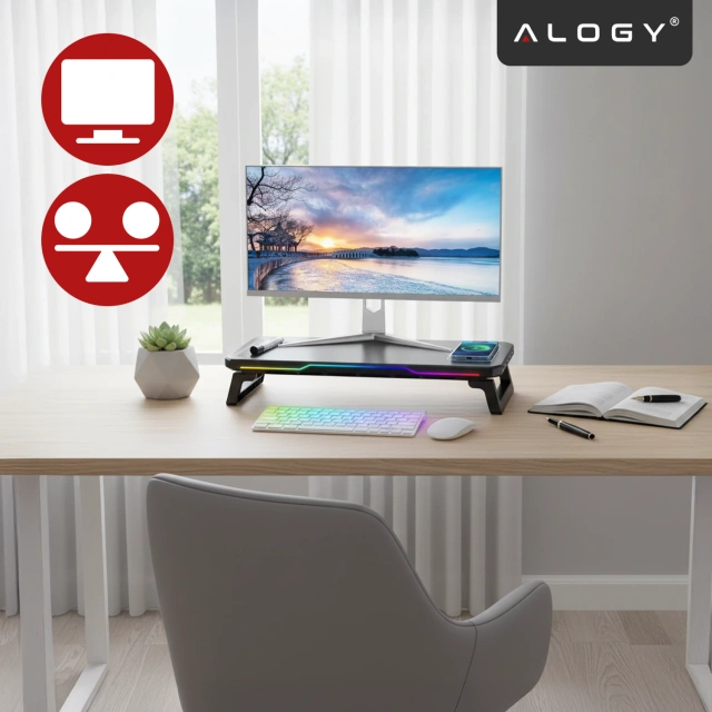 Podstawka pod monitor z lampką listwą świetlną RGB z wejściami HUB USB (3× USB-A, 1× USB-C) – biurkowa do Home Office, Gaming, poprawa ergonomii – Alogy MonitorStand™ Czarna