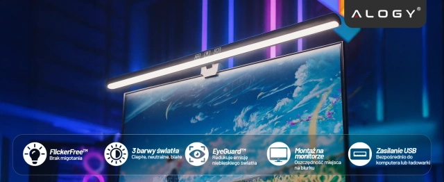 Lampka LED na monitor na szerokie biurko – regulowana barwa i jasność, dotykowe sterowanie, szeroki strumień światła, antyodblaskowa konstrukcja – Alogy ProView™