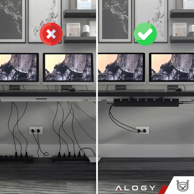 Alogy Organizer kabli pod blat półka regulowana na kable listwe biurkowy aluminiowy uchwyt Czarny 