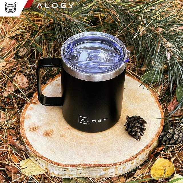 Alogy Kubek termiczny z uchwytem Thermal Mug otwierana pokrywka stalowy zimno i ciepło Czarny
