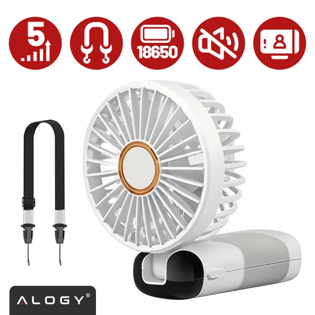 Wentylator Wiatrak Ręczny Bezprzewodowy, Przenośny i Biurkowy, z Uchwytem na Telefon, Ładowanie USB-C, Bateria 18650, Alogy CoolBreeze™ – Biały