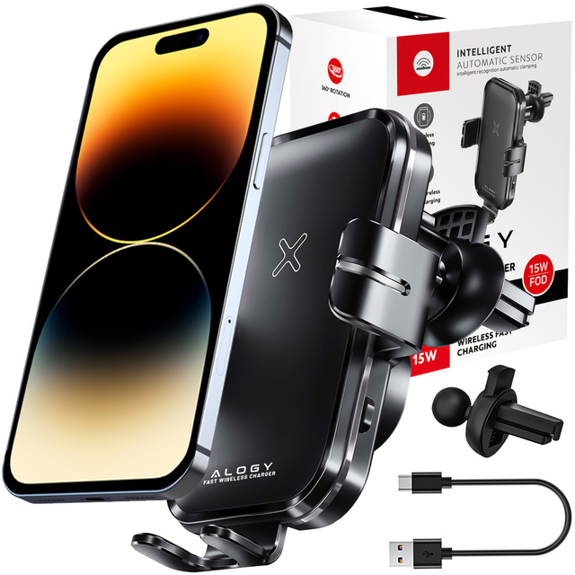 Alogy Uchwyt samochodowy Fast Wireless Charging Car Holder z Ładowarką Qi indukcyjną 15W do auta na kratkę