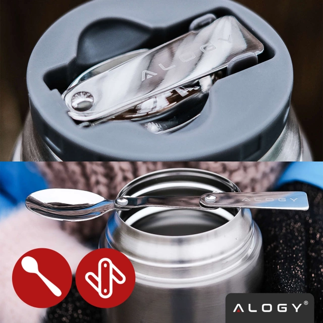 Alogy Termos obiadowy na jedzenie zupe dla dzieci 700ml ze stali nierdzewnej + składana łyżeczka termiczny szary
