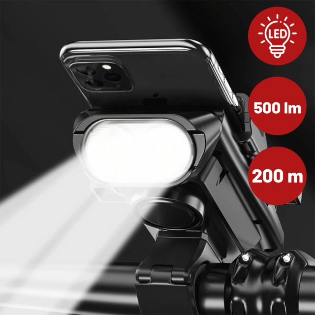 Alogy 4w1 Uchwyt rowerowy na telefon + lampka przednia + dzwonek na rower + Powerbank 3000mAh Bicycle Front Light