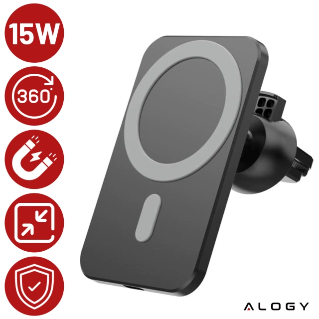 Alogy Uchwyt magnetyczny do auta z ładowarką Qi MagSafe na kratkę/ deskę 15W