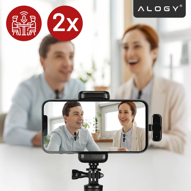 Mikrofon Bezprzewodowy 2x Zestaw - USB-C, redukcja szumu, lekka konstrukcja, zasięg do 20 metrów - 2x Mikrofon Krawatowy z Futerkową Osłoną, Odbiornik do telefonu - Alogy DualVoice™ Czarny