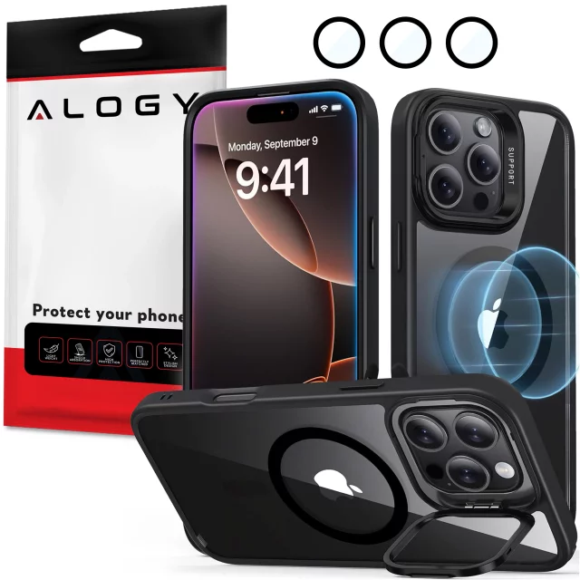 Alogy Etui hybrydowe ochronne do Apple iPhone 16 Pro KickStand Hybrid Case z podpórką do MagSafe Czarne