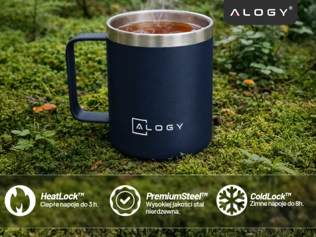 Alogy Kubek termiczny z uchwytem Thermal Mug otwierana pokrywka stalowy zimno i ciepło granatowy