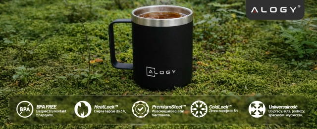 Alogy Kubek termiczny z uchwytem Thermal Mug otwierana pokrywka stalowy zimno i ciepło Czarny