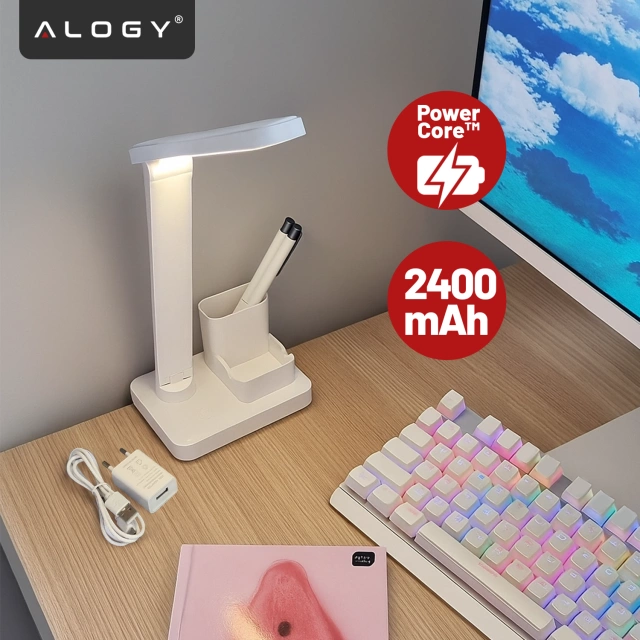 Lampka biurkowa nocna LED – akumulator 2400 mAh, organizer na długopisy i telefon, regulowane światło, idealna na biurko i do nauki – Alogy Light&Organize™ Biała