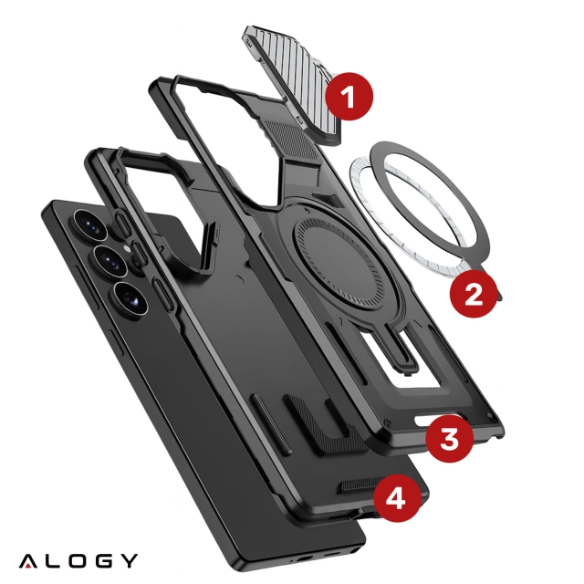 Etui do Samsung Galaxy S25 Ultra Case do MagSafe Wzmocniona Pancerna ochrona obiektywów z funkcją podstawki obudowa ochronna na telefon Alogy HeavyDuty Mag™️Czarne