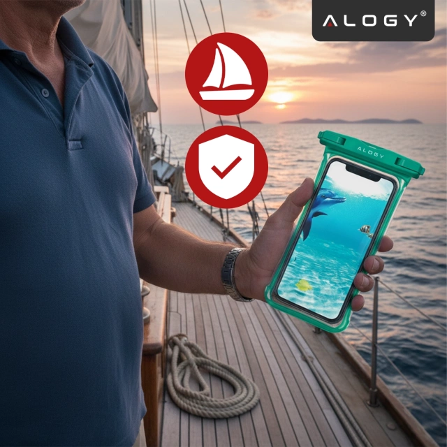 Etui Wodoodporne Uniwersalne IPX8 do Telefonów do 6.5", Wodoszczelna Ochrona na Plażę, Basen i Kajak, Dotykowy Front i Pasek na Szyję, Alogy HydroShield™ – Zielone