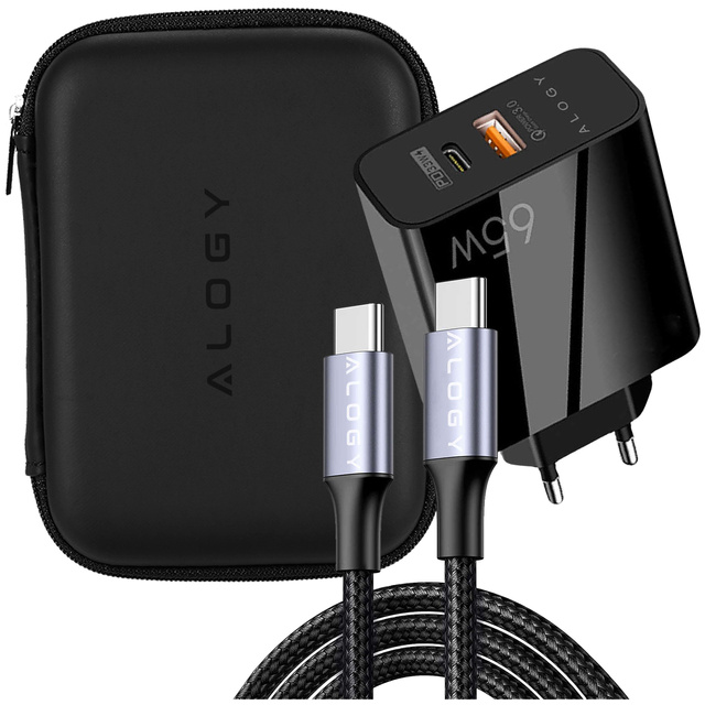 Alogy Ładowarka Kabel Etui Zestaw Quick Charge QC 3.0 USB-A + USB-C PD 65W + kabel 2M Czarny