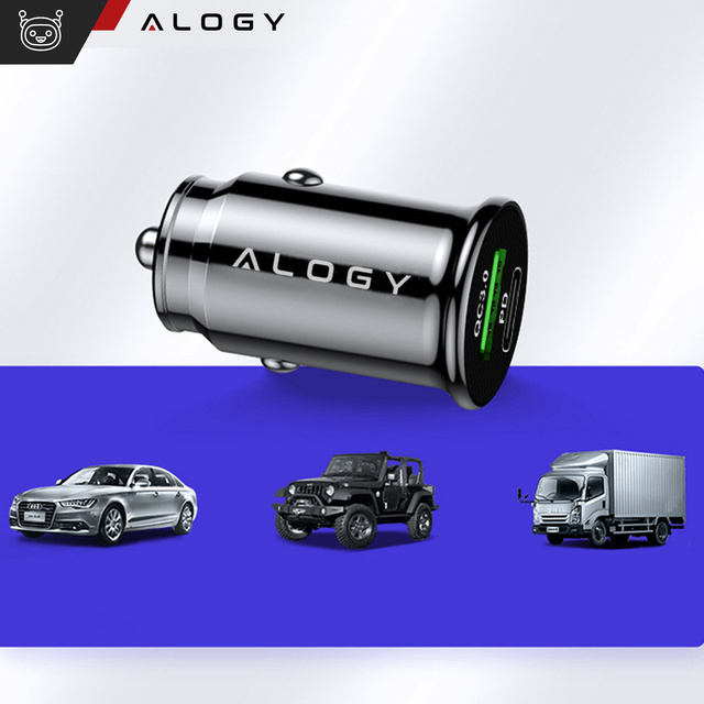 Alogy Car Ładowarka samochodowa USB QC 3.0 18W + USB C PD 20W szybka mocna do telefonu czarna