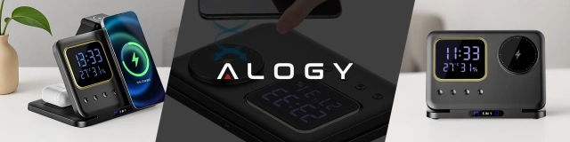 Ładowarka indukcyjna 5w1 składana Alogy MagStation Foldable Pro do MagSafe do Apple iPhone Watch AirPods z zegarem i higrometrem Czarna