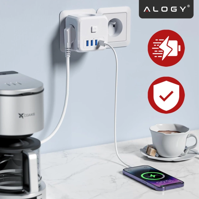 Alogy Rozgałęźnik sieciowy rozdzielacz Ładowarka adapter złodziejka 3 gniazdka PL/EU USB USB-C 7w1 5V 2.4A Biały