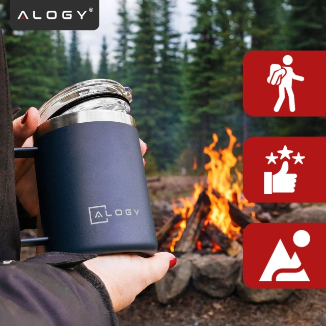 Alogy Kubek termiczny z uchwytem Thermal Mug otwierana pokrywka stalowy zimno i ciepło granatowy