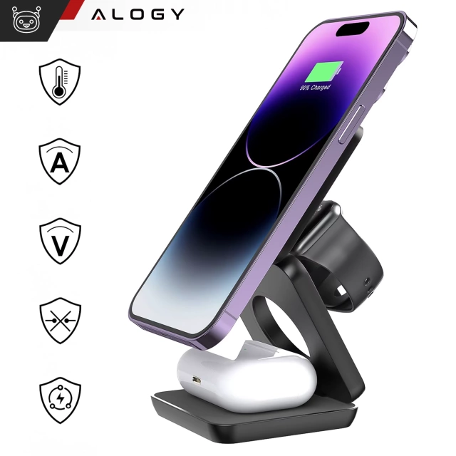 Ładowarka indukcyjna 3w1 do MagSafe QI do Apple iPhone Airpods Watch Alogy QI Charger Stand stojak Czarna
