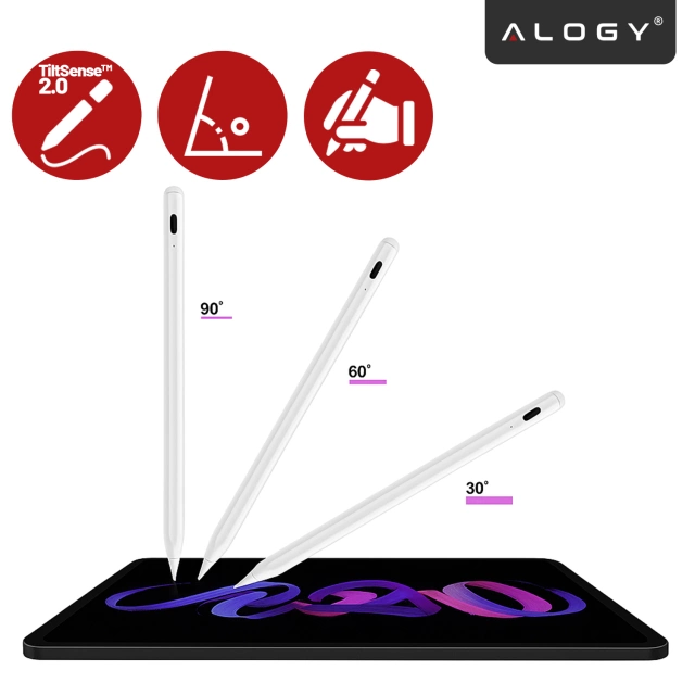 Rysik do Apple iPad Alogy Pencil z funkcją Palm Rejection Tilt Magnetyczny USB-C + zapasowa końcówka Biały