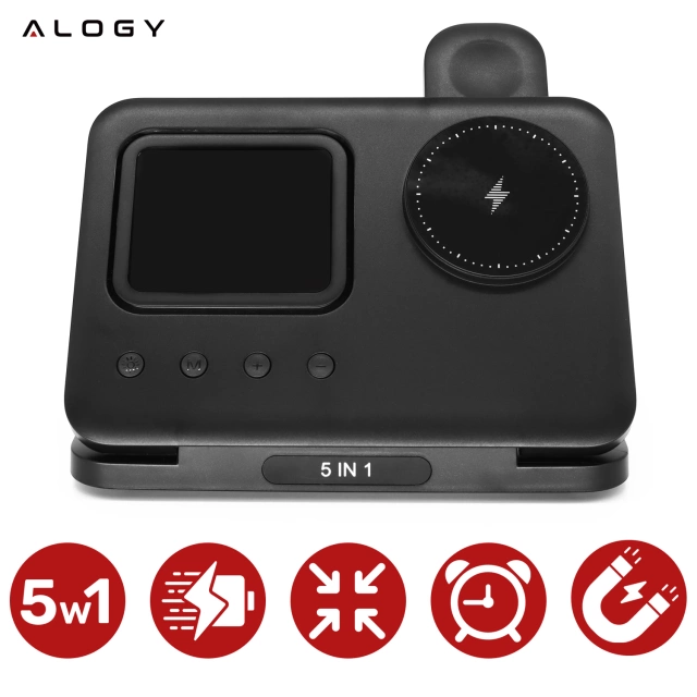 Ładowarka indukcyjna 5w1 składana Alogy MagStation Foldable Pro do MagSafe do Apple iPhone Watch AirPods z zegarem i higrometrem Czarna