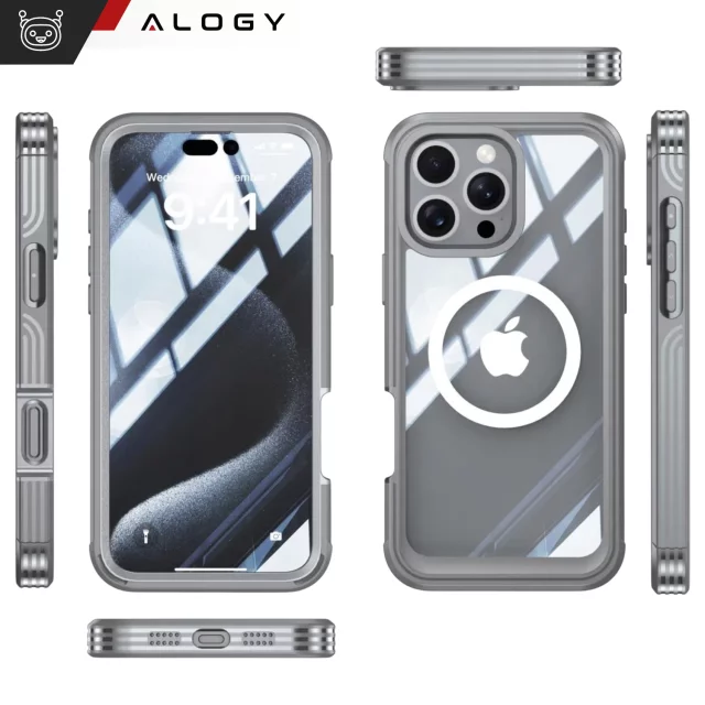 Etui ochronne na telefon do Apple iPhone 16 Pro Alogy Shield360 MagCase™️ do MagSafe obudowa z ochroną wyświetlacza i aparatu Titanium Szare