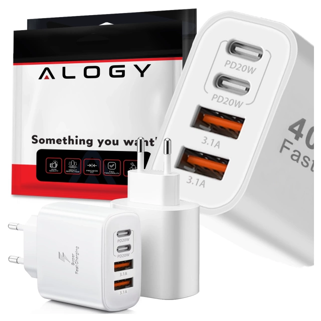 Ładowarka sieciowa 40W 2x USB 2x USB-C Alogy Super Fast Charger Szybkie ładowanie PowerDelivery PD Biała