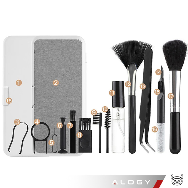 Alogy Set 18w1 Zestaw do czyszczenia klawiatury telefonu słuchawek Wielofunkcyjny Szczotka Klucz do SIM Czyścik
