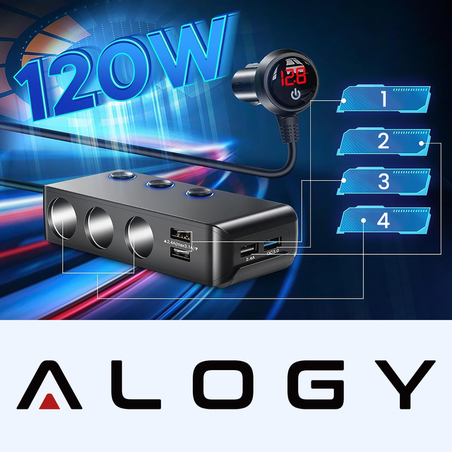  Alogy Adapter Rozdzielacz gniazda zapalniczki przełącznik 120W 3x Gniazdo zapalniczki + 4x USB QC Czarny