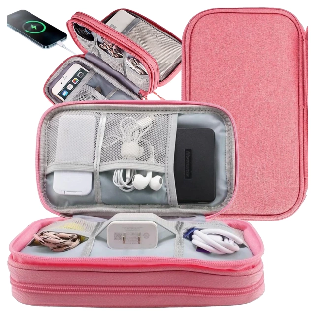 Etui Podróżne na Akcesoria, Organizer na Kable, Ładowarki, Telefon i Powerbank, Wielofunkcyjne i Kompaktowe 21 x 12,5 x 5 cm, Alogy TravelPack™ – Różowe