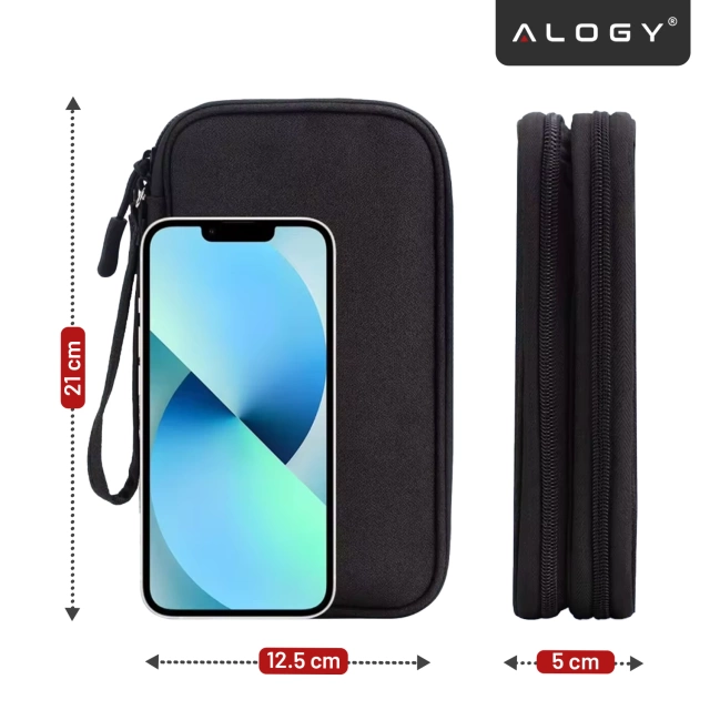 Etui Podróżne na Akcesoria, Organizer na Kable, Ładowarki, Telefon i Powerbank, Wielofunkcyjne i Kompaktowe 21 x 12,5 x 5 cm, Alogy TravelPack™ – Czarne