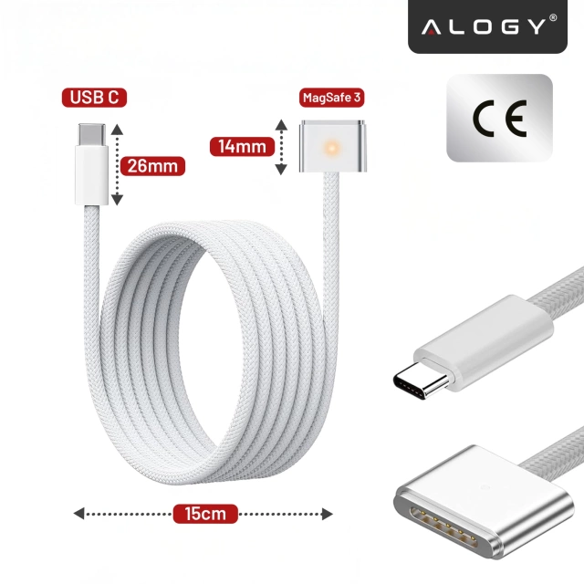Kabel zasilający USB-C do MagSafe 3 – szybkie ładowanie 140W, przewód 2 m, do Apple MacBook, wytrzymały i bezpieczny – Alogy PowerLink™ Biały