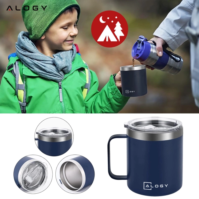 Alogy Kubek termiczny z uchwytem Thermal Mug otwierana pokrywka stalowy zimno i ciepło granatowy