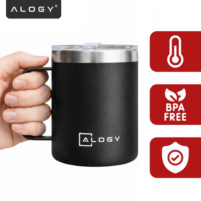Alogy Kubek termiczny z uchwytem Thermal Mug otwierana pokrywka stalowy zimno i ciepło Czarny