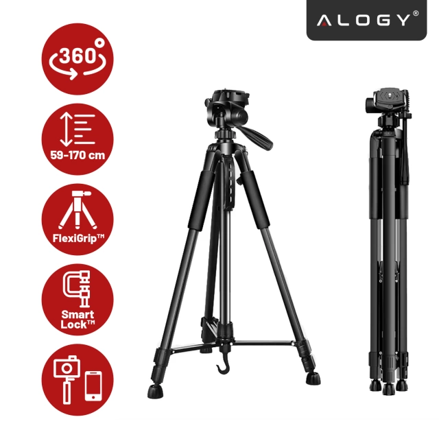 Alogy Statyw Fotograficzny Tripod Uniwersalny stojak do Kamer 1/4 uchwyt na telefon aparat 170cm Czarny
