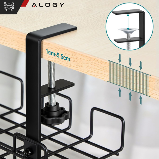 Alogy Organizer kabli uchwyt półka pod blat na kable listwy biurkowy podbiurkowy aluminiowy 38.5cm Czarny